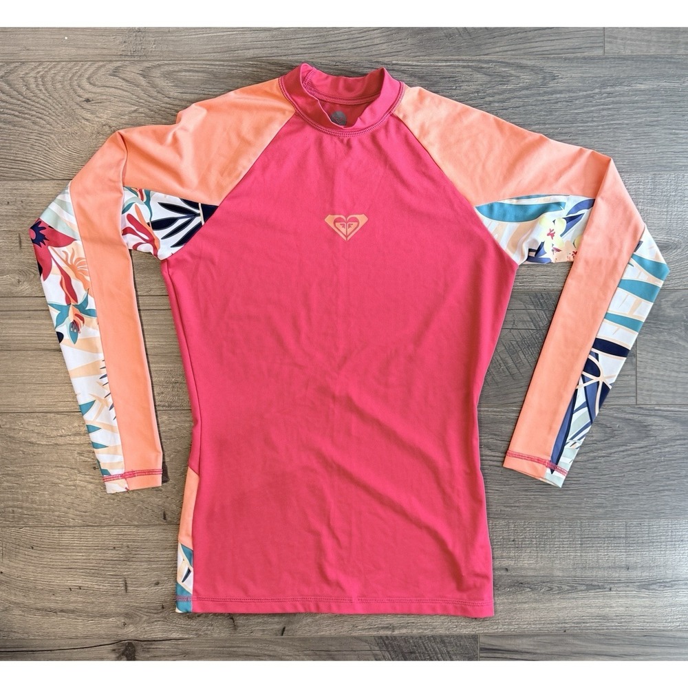 Roxy Tropical Floral Long Sleeve Rash Guard Surf Swim Top UPF 50+ Pink Coral M